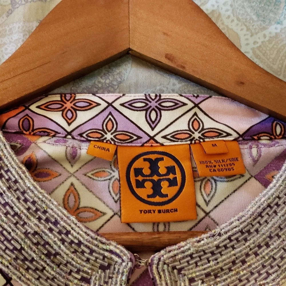 Tory Burch Silk Jersey Knit Tunic Beaded Neckline Preppy Morrocan Resort Cruise